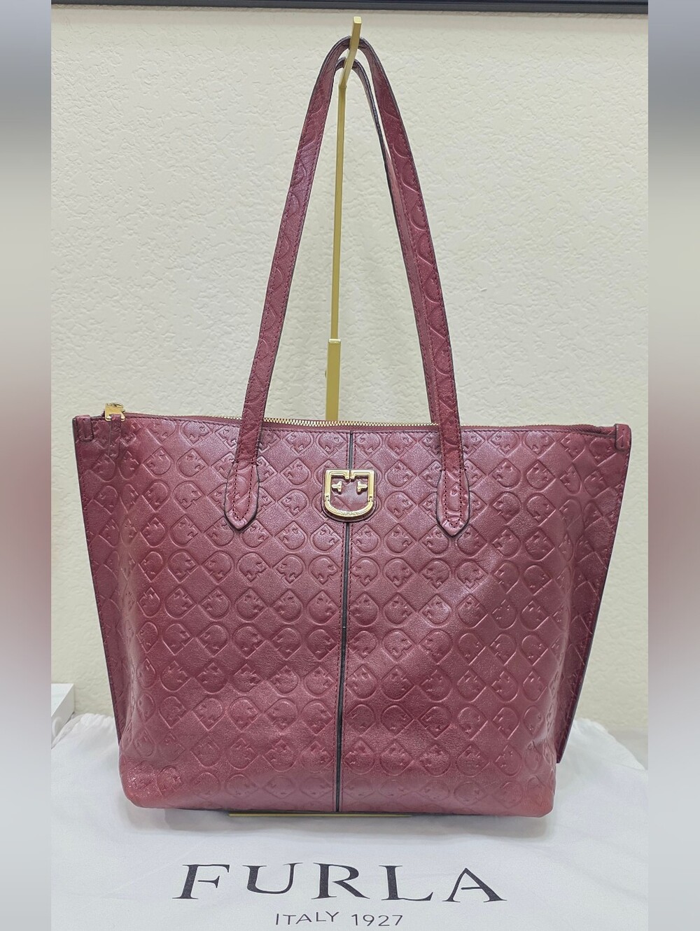 Furla Burgundy Embossed Logo Leather Tote Bag Shoulder Bag Italy